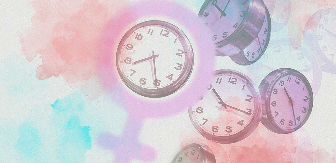 Four clocks floating in pink, blue, and peach color splotches.