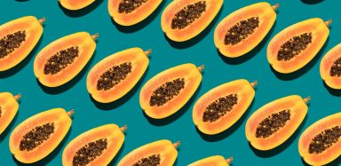 Rows of halved papayas against a teal background.
