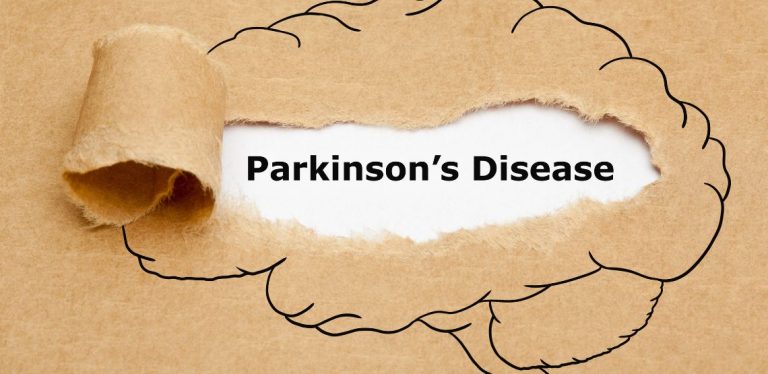 A drawing of a brain with "Parkinson's disease" written on the inside